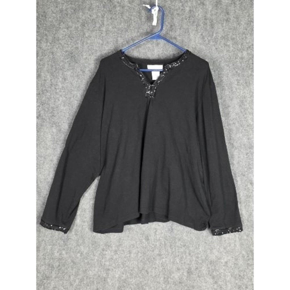 Susan Graver Style Black Sequin‎ Embellished V Neck Long Sleeve Top Plus Size 3X
